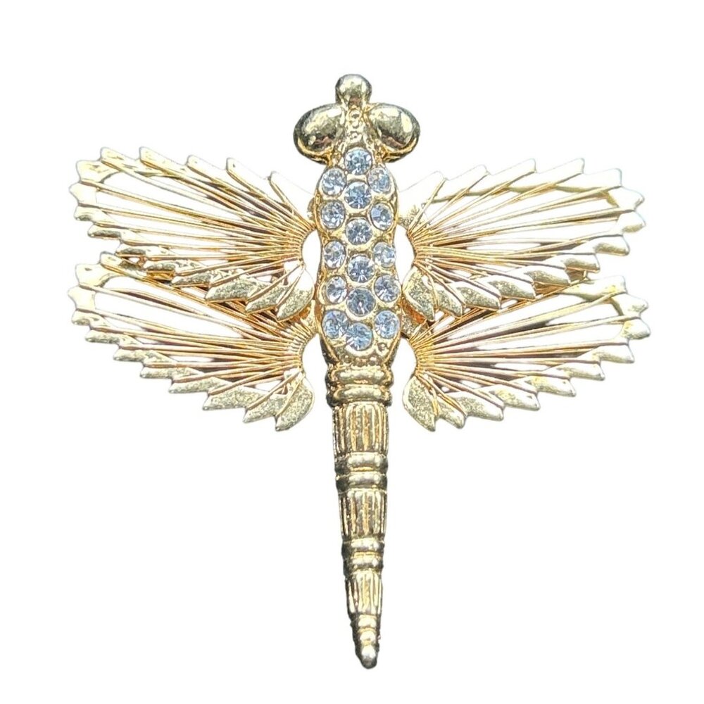 Vintage Monet Gold-Tone Rhinestone Dragonfly Brooch Pin
